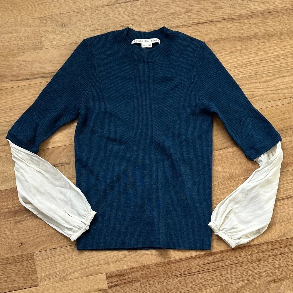 Veronica Beard mixed fabric top/ blue wool crewneck sweater & silk sleeves sz XS